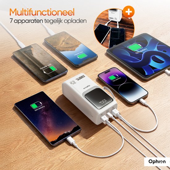 Ophion® Powerbank PRO 50 000 mAh – 7 ports de recharge – Recharge rapide – Chargeur rapide 22,5 W pour USB-C, USB-A, Micro-USB – Câble inclus – Kit d'urgence – Blanc