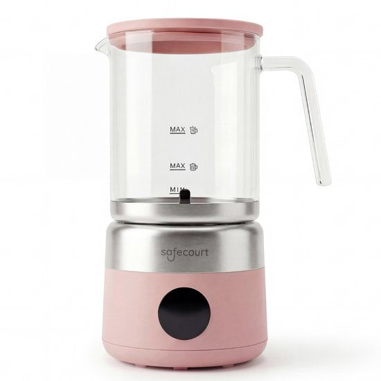 Safecourt Kitchen Glass Milk Frother - Mousseur à lait électrique - Cruche en verre & sans PFAS - Lavable au lave-vaisselle - Rose