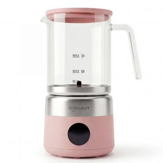 Safecourt Kitchen Glass Milk Frother - Mousseur à lait électrique - Cruche en verre & sans PFAS - Lavable au lave-vaisselle - Rose