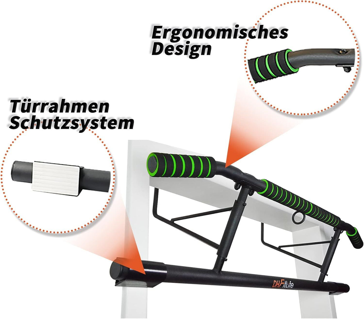 DH FitLife Barre de traction pour porte - Barre de traction sans vis avec Slingtrainer - Noir/Vert - 70-92 cm