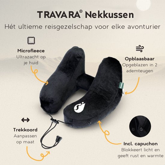 TRAVARA Oreiller gonflable pour la nuque - The Airsnoozer - Oreiller de voyage - Pour l'avion et la voiture - Avec bouchons d'oreilles - Oreiller pour la nuque - Noir