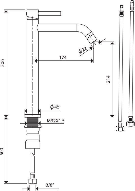Robinet de lavabo Differnz Haut – Courbé – Mitigeur eau froide et chaude – Noir mat