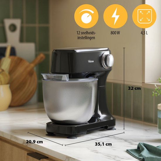 Robot de cuisine Tristar 800 W - Capacité de 4,5 L - Bol en acier inoxydable - 12 programmes - Noir