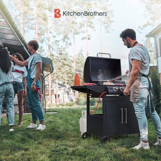 Barbecue à gaz KitchenBrothers - Avec 5 brûleur - Raccordement au gaz - 42x57cm surface de cuisson - Noir