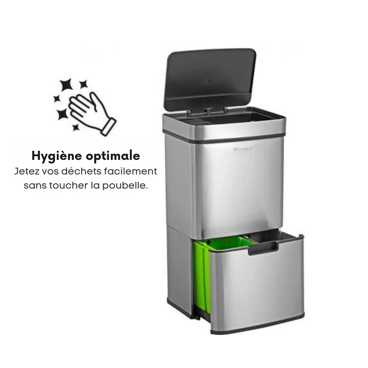 Poubelle de tri - Homra - 3 Compartiments (2x12L + 48L) - Poubelle à Capteur - Acier Inoxydable - Couvercle  Automatique - Argenté
