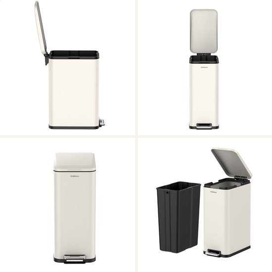 Deleca Poubelle Prestige - 50 Litres - Etroite - Acier inoxydable Poubelle / Corbeille à papier / Poubelle à pédale - Avec pédale et fermeture lente - Blanc crème