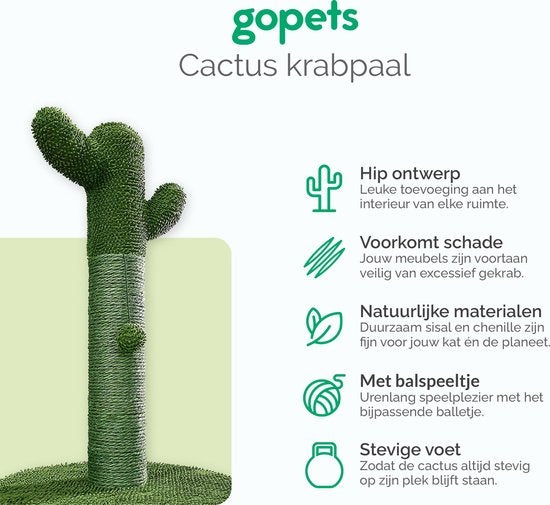 Gopets Griffoir pour chat - Griffoir cactus en sisal - Griffoir design moderne - Griffoir naturel avec jouet - 65cm