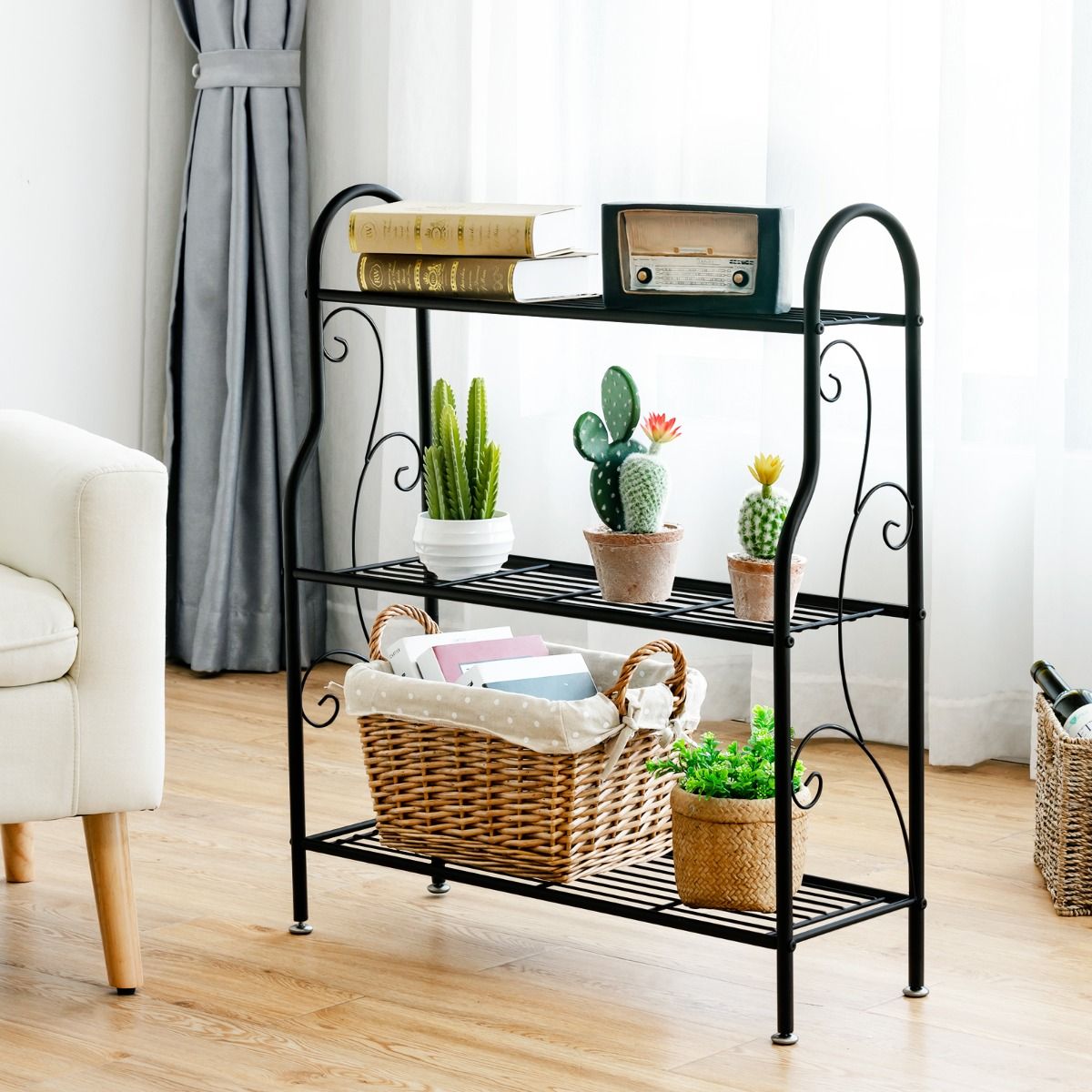 Support à plantes en métal Coast - 3 niveaux - Étagère de rangement multifonctionnelle - Noir 72 x 25 x 85 cm