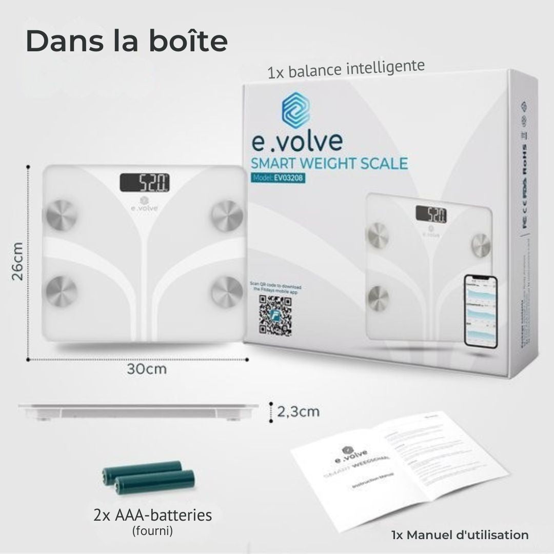 Pèse-personne numérique e.volve - Balance intelligente avec analyse corporelle - App. incluse - blanc