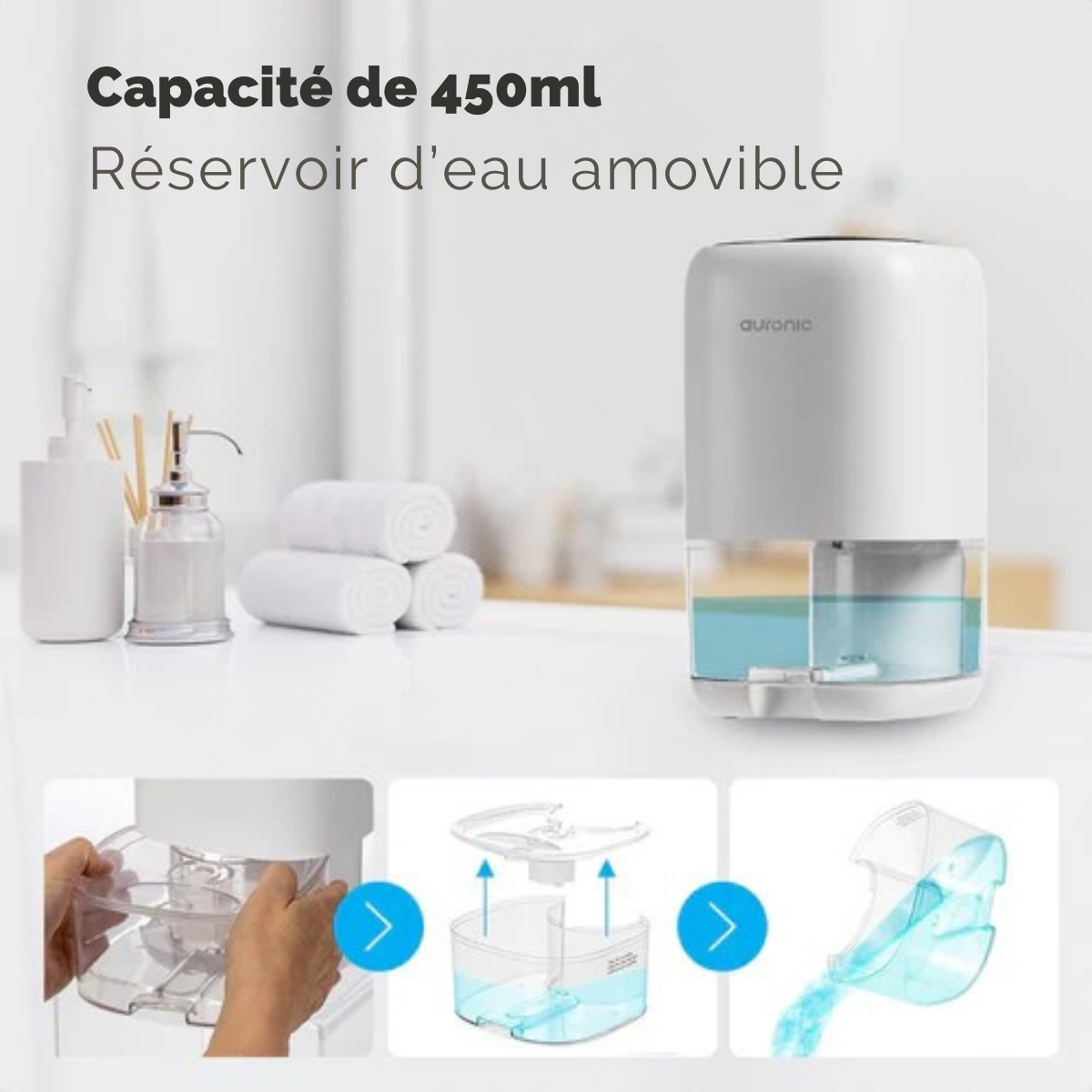 Déshumidificateur - Auronic - Jusqu'à 450ml par jour - LED - Convient salon, chambre et salle de bain - Blanc