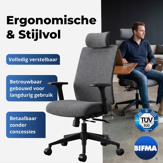 Chaise de bureau ergonomique Backerz - Chaises de bureau pour adultes jusqu'à 160 kg - Chaise de bureau en tissu - NEN-EN1335