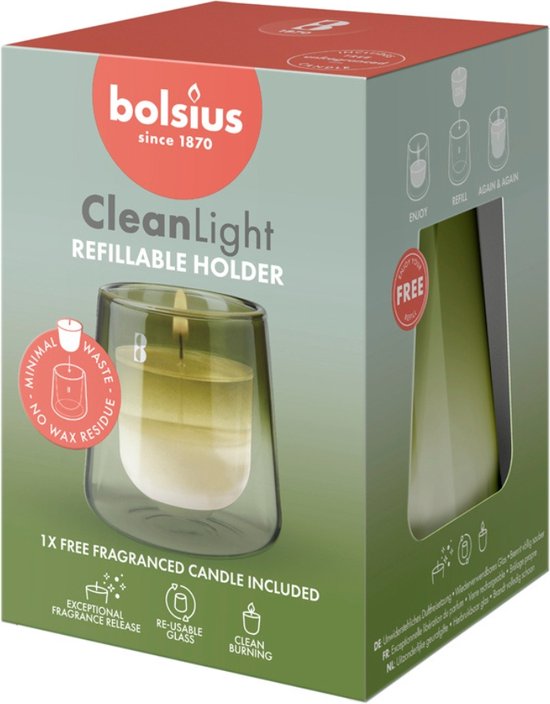 Kit de démarrage Bolsius « Clean Light » avec bougie parfumée Gardenia / Figue