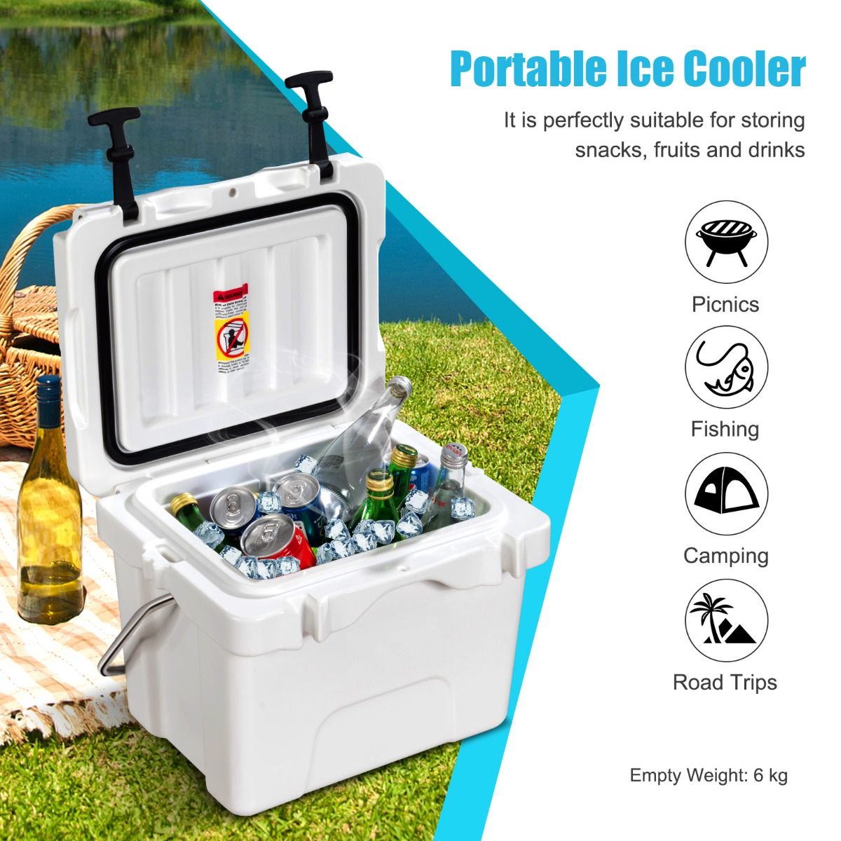 Glacière Coast - 15 litres - avec poignée et bouchon de vidange - 2 porte-gobelets - blanche