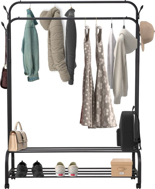 Brixy Rack à vêtements - Rack à vêtements double - Rack à penderies sur roulettes - Rack à vêtements avec porte-chaussures - 98 x 34 x 159 cm - Noir