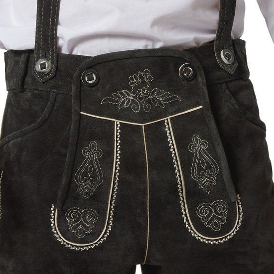 dressforfun - Authentique Lederhosen courte Jannis - Avec ceinture et bretelles - Cuir véritable - Noir - 54 - Oktoberfest Dress Man - Costume d'homme - Dress Up - Costume allemand - Robe de carnaval - Gilet de costume - Pantalon traditionnel en cuir