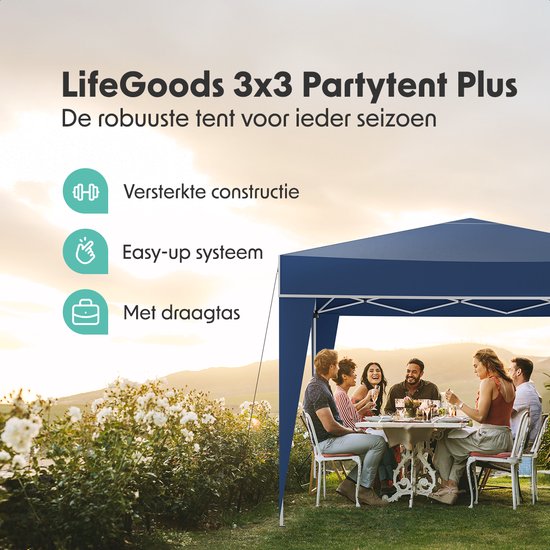 LifeGoods Party Tent Plus - Tente pliante - 3x3 m - Montage facile - Armature renforcée - Imperméable - Sac de transport - Bleu