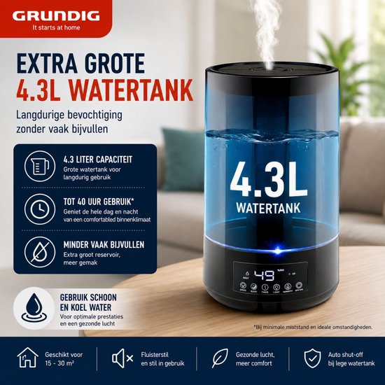 Humidificateur Grundig HD-1903A - Humidificateur à ultrasons 4,3 L - avec minuterie et veilleuse - Télécommande incluse - Noir