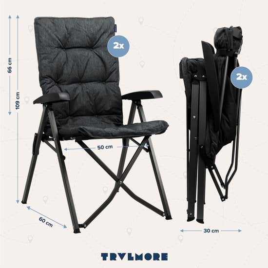TRVLMORE Chaise de camping - Sac de transport inclus - Duo Pack - Capacité de charge de 150 kg - Chaise de camping - Compartiment de rangement - Chaise pliante - Noir