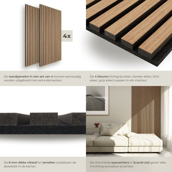 tectake® Jeu de 4 panneaux acoustiques Sonic Wall - Panneau absorbant le son - Isolation acoustique - Panneau mural acoustique - 120x60x2,1cm - Décoration murale acoustique - Chêne clair