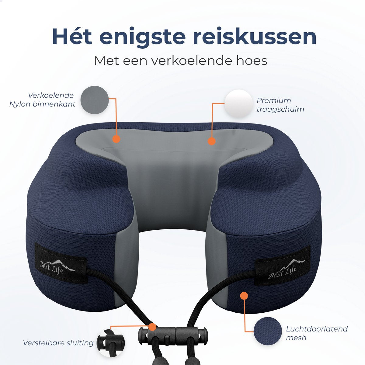 Oreiller Best Life Shira - Mousse à mémoire de forme - Ergonomique - Oreiller de voyage - Bleu