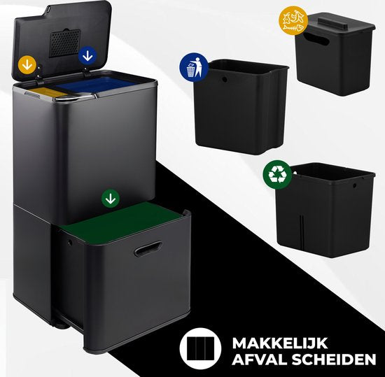 Bayt Trash Can 60 Liter - Poubelle 60 litres - Séparation des déchets - 2 compartiments - Acier inoxydable - Noir