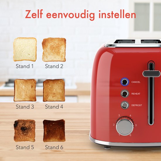 Grille pain - KitchenBrothers - Toaster - 6 niveaux de chaleur - Fentes larges - 870W - Rouge