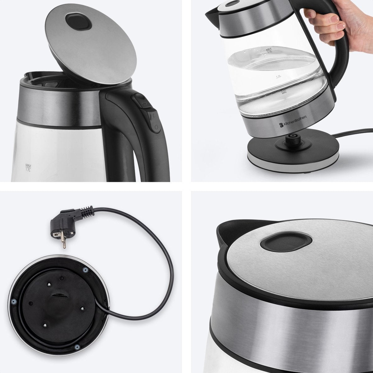 Bouilloire électrique - KitchenBrothers - 1,7L - 2200W - Verre - Acier Inoxydable