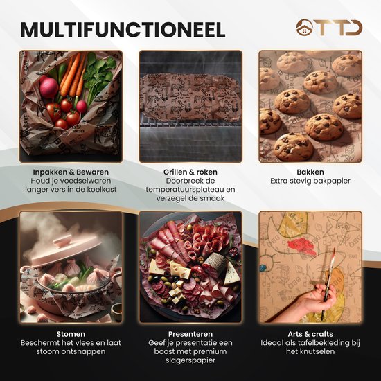 TTD® Butcher Paper XXL avec impression alimentaire - 53 mètres - Papier de boucher professionnel 100 % naturel à base de pulpe de bois - Accessoires pour barbecue - Barbecue - Fibre de bois - Papier de boucher non couché