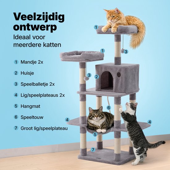 Jake et Jacky : Arbre à chat - Arbre à chat - Meuble à griffer - Arbre à chat - Arbres à chat - Maison pour chat - Gris clair - 147 cm de haut