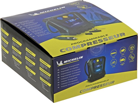 Pompe à air Michelin Compressor 12 V - Pression réglable (0,05-7 bar) - Avec port USB - Pompe à air électrique - Vélo/voiture/moto/ballon/matelas gonflable - Avec divers embouts