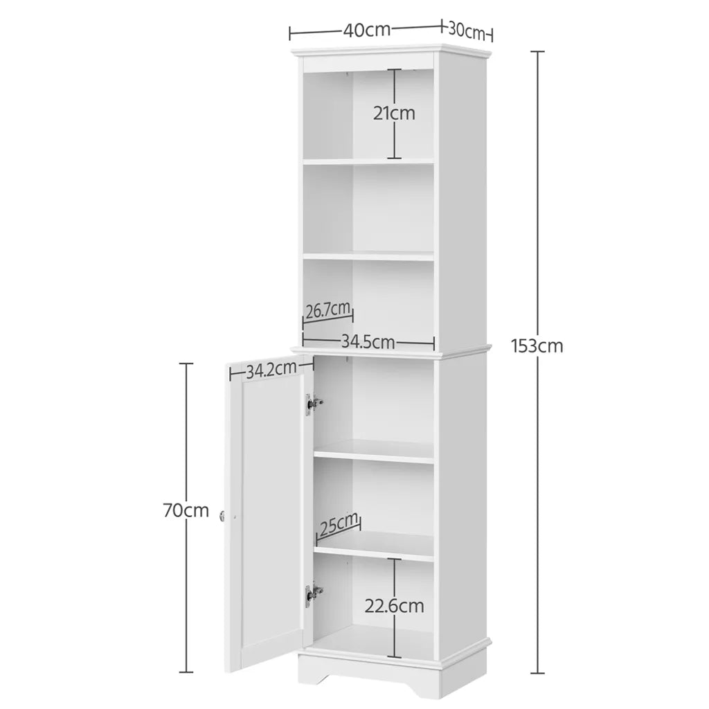 Armoire de salle de bains Yaheetech 40 x 30 x 153 cm - Blanche - Armoire de rangement haute avec 3 étagères ouvertes et une étagère réglable