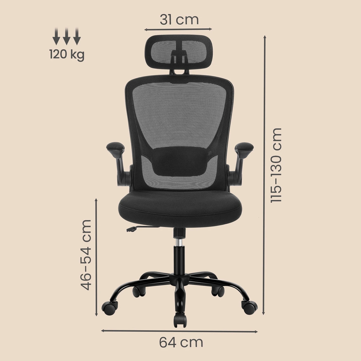 Chaise de bureau ergonomique Joyfurnos en maille - Soutien lombaire et appui-tête réglables - Fonction d'inclinaison - 64 x 64 x 115-130 cm - Noir d'encre