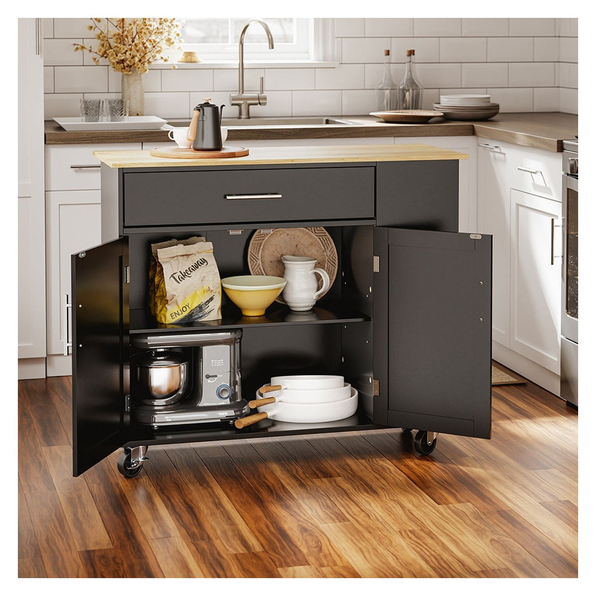 Chariot de cuisine SoBuy 99 x 40 x 84,3 cm - Noir - 2 portes - 1 tiroir - 4 roulettes