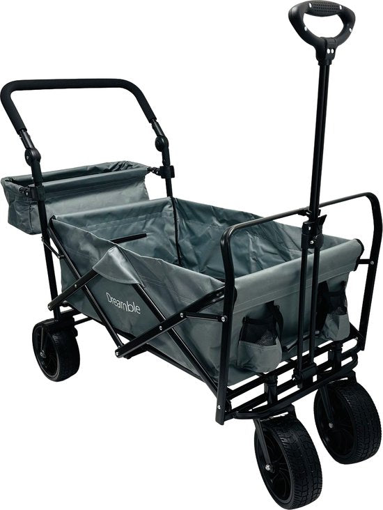Dreamble® | Wagon | Gris | Jusqu'à 140KG | 120L | Fonctions de traction et de poussée | Tapis de sol souple et épais de 4cm - pour les enfants | Roues extra larges Ø20cm | Espace de rangement supplémentaire | 130x110(LxH) | 2 poches à l'extérieur, 1 poche