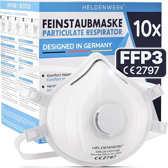 Masque anti-poussière FFP3 « Heldenwerk » avec valve - Lot de 10 - Masque anti-particules fines avec bandeau réglable