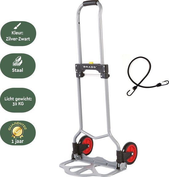BRASQ Chariot pliant avec épingle à bagages - Capacité 60 KG - Chariot de transport - Chariot à plate-forme - Chariot en acier