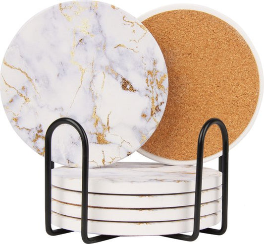 Castagnola Sous-verres en céramique avec support - Sous-verres pour verres - Sous-verres design - Sous-verres - Sous-verres à boire - Céramique - Liège - Lot de 6 - Blanc/Or