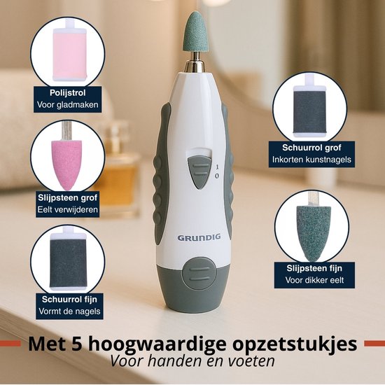 Kit de manucure électrique Grundig 5-en-1 - Kit de manucure pour les mains et les pieds - Appareils de pédicure électriques avec 5 embouts - Kit compact pour la maison et les voyages