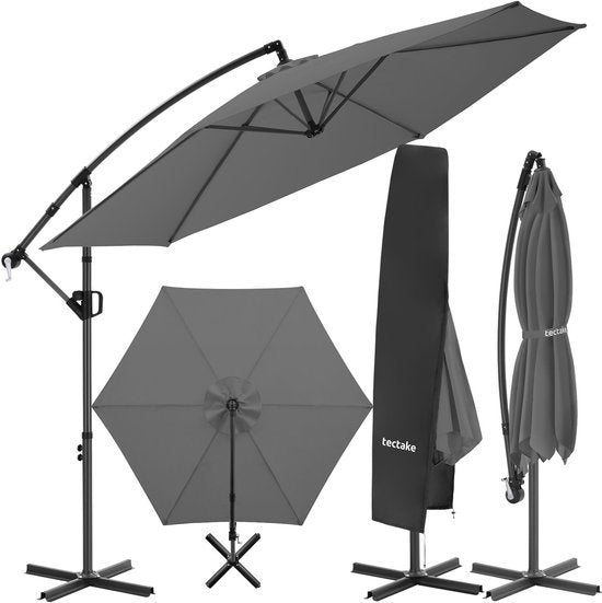 tectake® Parasol à pied flottant - 3 x 3 m - Parasol de jardin - Orientable - Polyester hydrofuge avec protection UV - Housse incluse - Gris