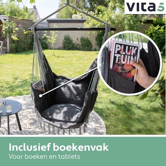 Vita5 XXL Hamac Chair | Nid suspendu intérieur/extérieur | 2 coussins et boîte à livres inclus | Adultes et enfants | Hamac Chair jusqu'à 200kg | Gris foncé
