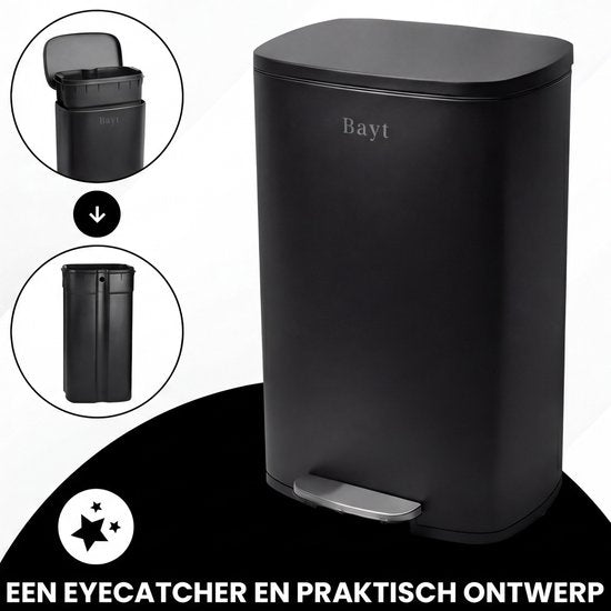 Bayt Trash can - Pedal bin 50 Liter - Trash can 50 Liter - Garbage can 50 Liter - Trash Separation - Waste bin - Stainless steel - Black