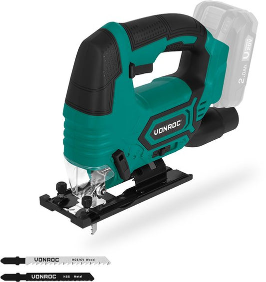 VONROC Accu Jigsaw 20V - 4 positions du balancier - Angle de coupe réglable de -45° à 45° - Lampe de travail LED - Fonction d'aspiration et de soufflage - 3 lames de scie incluses - Batterie et chargeur inclus