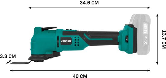 VONROC Accu Multitool 20V - avec lame de raclage, lame de scie circulaire, patin de ponçage et papier de verre - 6 vitesses : 7 000 - 19 000 tr/min - Batterie et chargeur non inclus