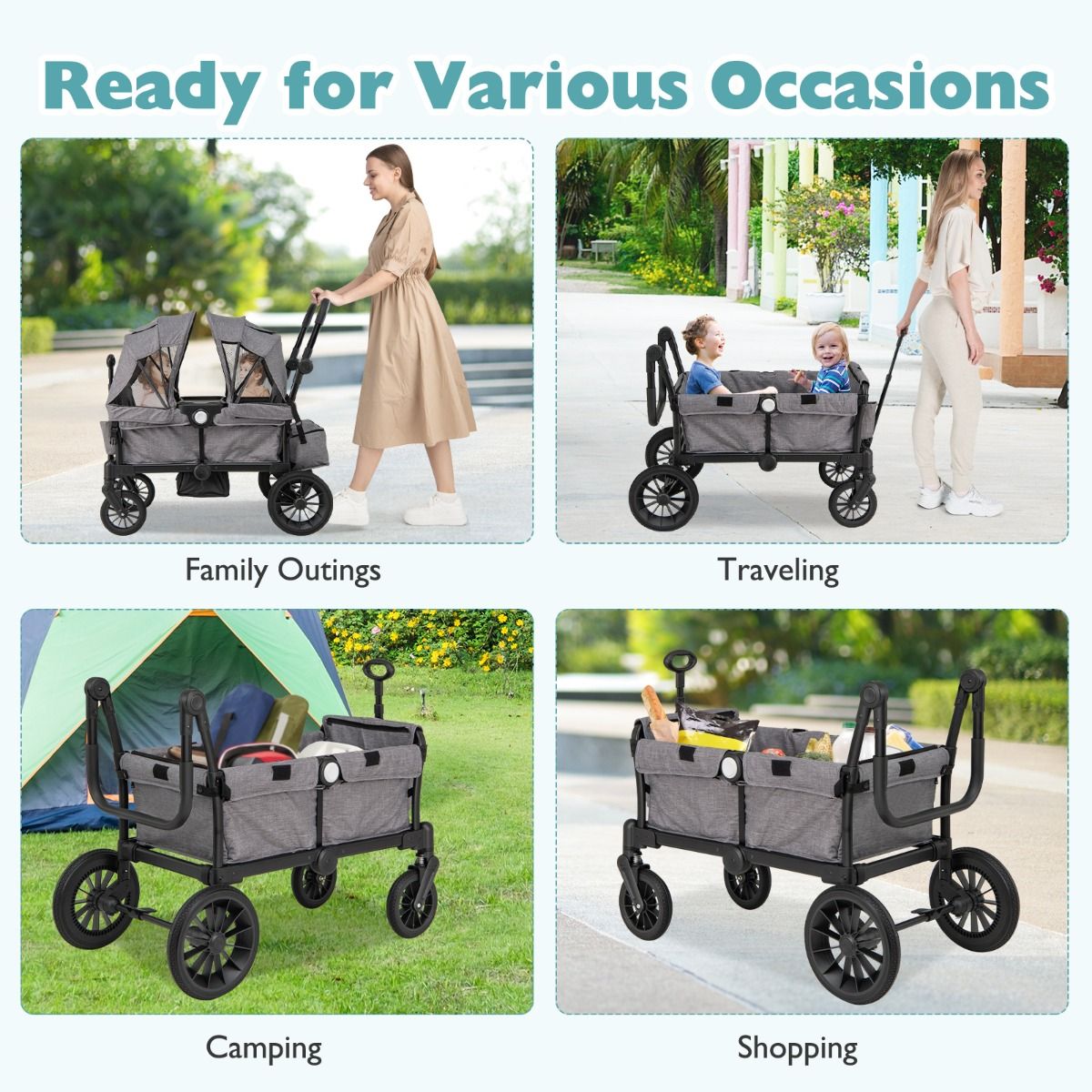 Coast 2-in-1 Foldable Geschwisterwagen - Gris - 104 x 57 x 107 cm - Poignée réglable et capuchon amovible