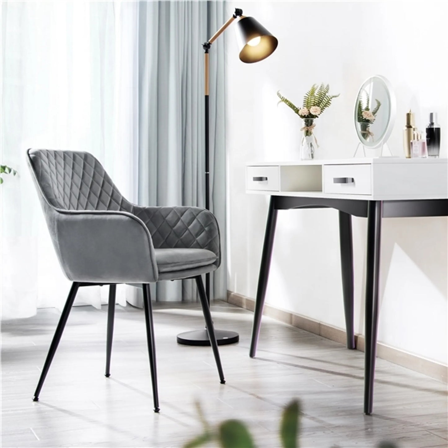 Yaheetech Lot de 2 chaises de salle à manger - Gris clair - Velours - Avec accoudoirs - 120 kg - 57,5 x 58 x 86,5 cm