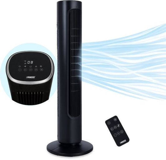 Ventilateur sur pied Princess DC 101 cm – Ultra silencieux – 12 vitesses – Oscillation – Minuterie 1 à 8 heures – Avec télécommande – Ventilateur sur pied – 50 W – Noir – 352390