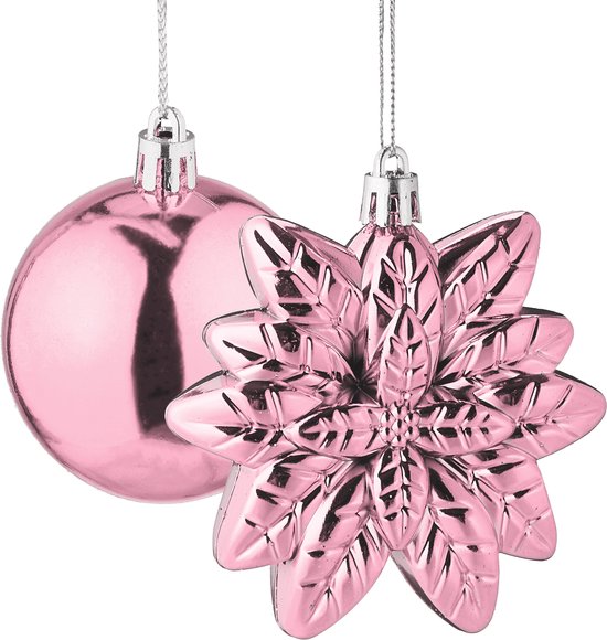 Lot de 100 boules de Noël - plastique - mat - brillant - pailleté - 10 motifs - rose