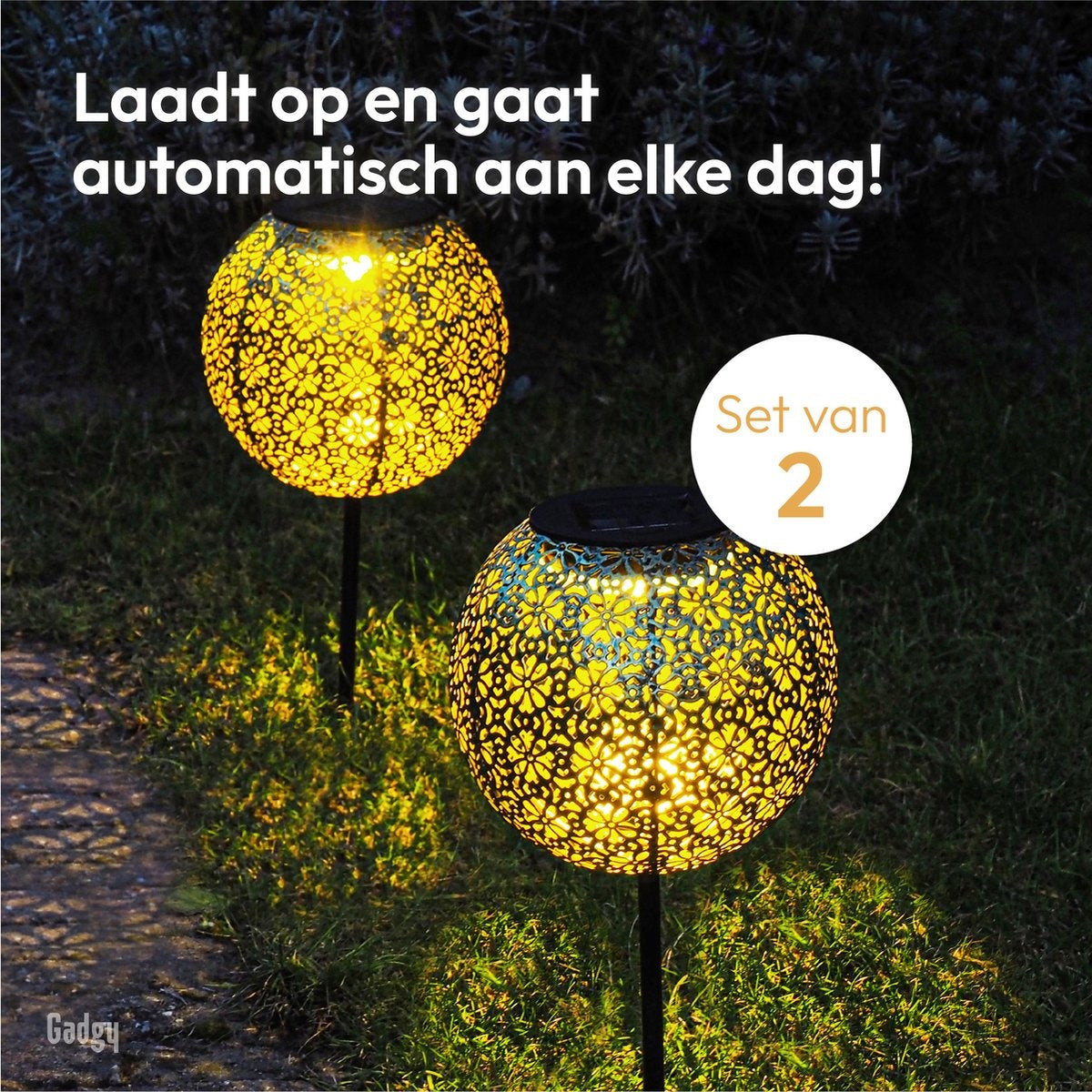 Gadgy Solar Tuinpad met Grondspies - Solar Tuinverlichting set van 2 st. - Tuinfakkel 34CM Hoog - Tuinverlichting op Zonneenergie Buiten - Led Buitenverlichting met Sensor - Tuinsteker - Brons kleurig Metaal