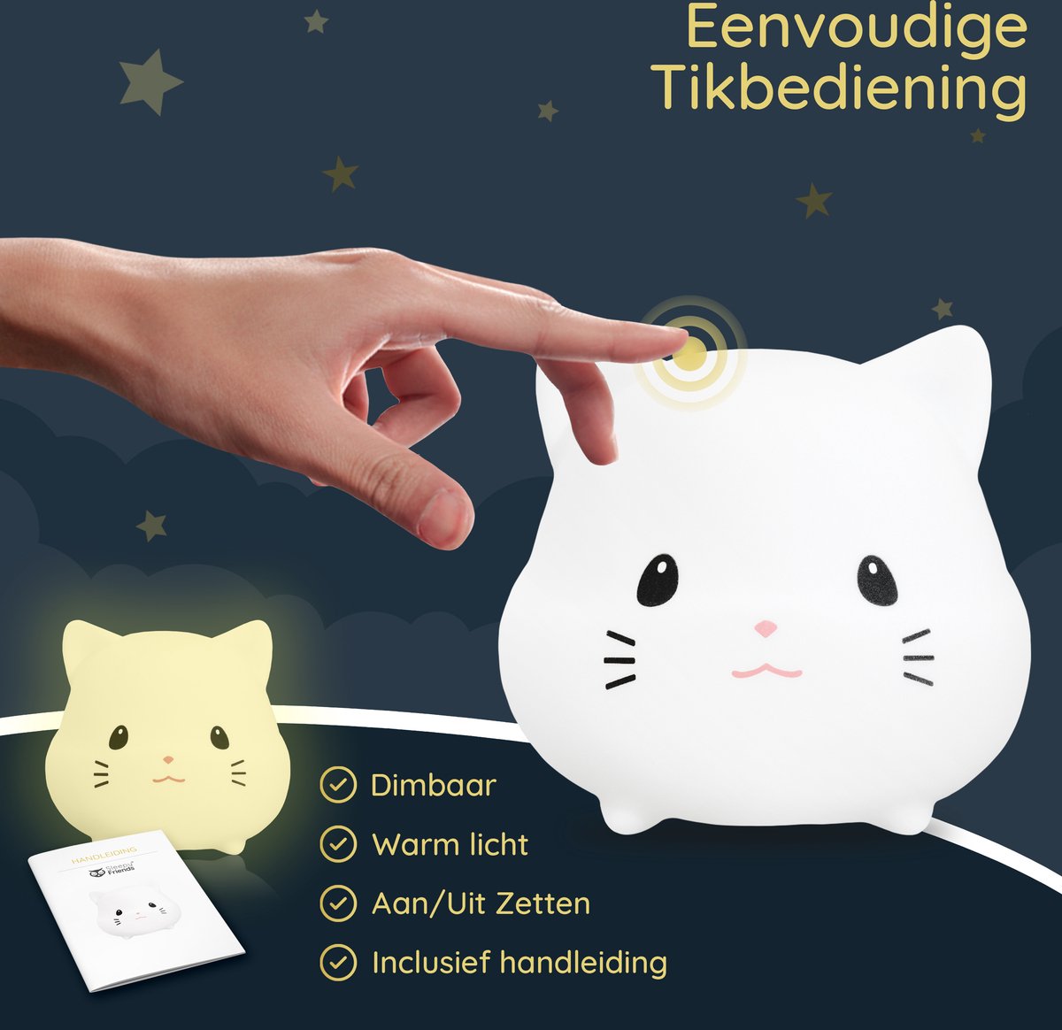 Sleepy Friends Premium Veilleuse pour chat chambre d'enfant - rechargeable par USB, dimmable, douce et sûre - 95 x 97 x 100 mm - gris