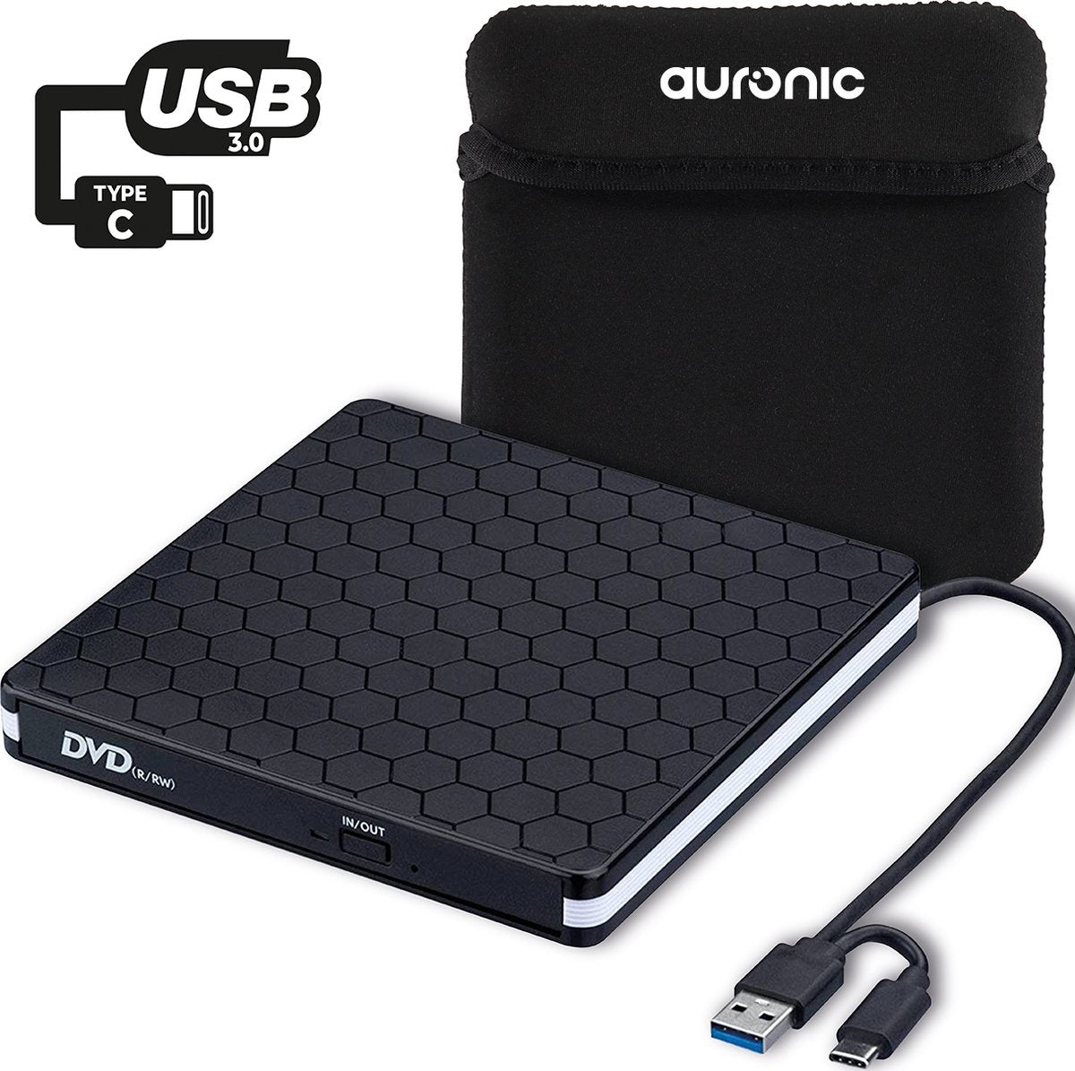 Auronic Lecteur DVD externe - Pour ordinateur portable et graveur - USB 3.0 ou USB C - Windows, MacOS & Linux - Livré avec housse et câble